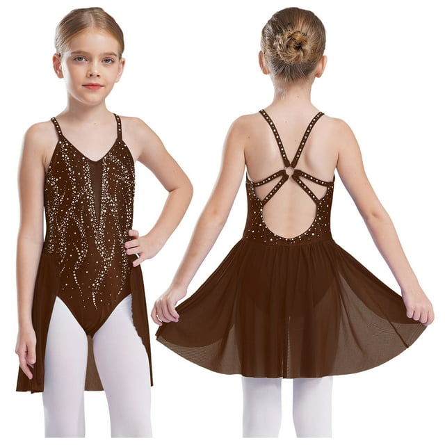 Manyakai Robe de Danse Lyrique pour Filles, Jupe Tutu de Ballet, Justaucorps de Danse Moderne, Tenues de Danse de Salon Marron 10