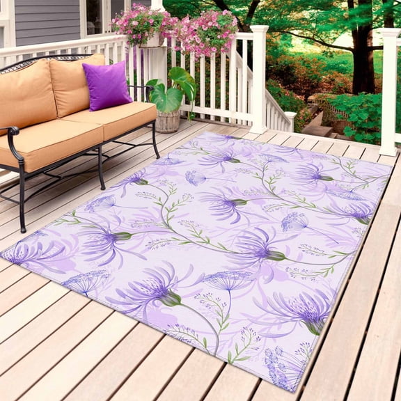 Purple Flowers Outdoor Rug for Patio/Deck/Porch, Non-Slip Large Area Rug 4 x 6 Ft, Botanical Florals Plants Country Aesthetic Indoor Outdoor Rugs Washable Area Rugs, Camping Rug Carpet Runner