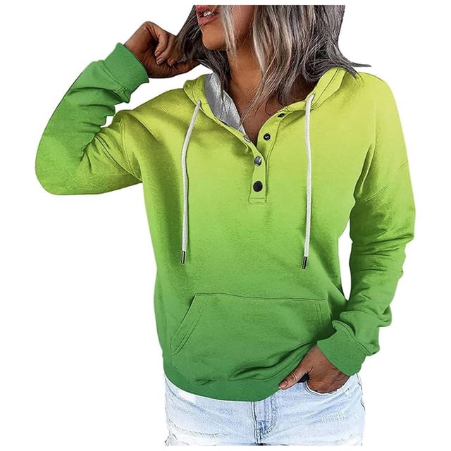 Women's Fashion Street Style Color Changing Button Collar Drawstring Hoodie Casual Autumn Winter Sports Sweatshirt