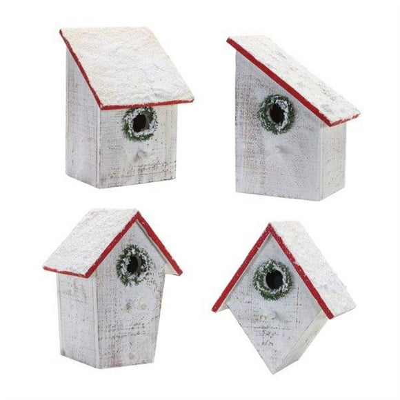 Melrose Flocked Wood Birdhouse With Wreath Accent Christmas Decorations - 10"" - Set Of 4