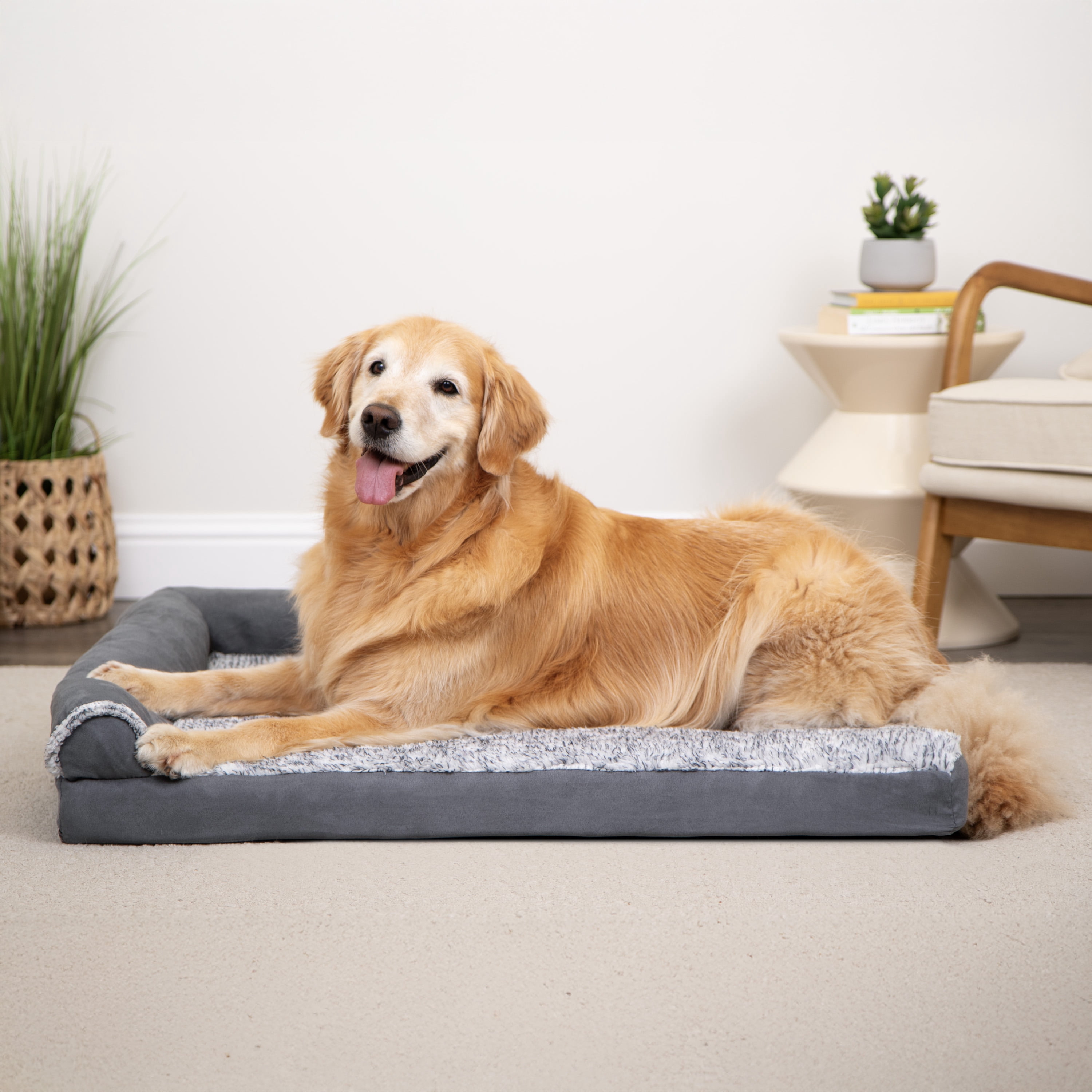 FurHaven Pet Products Two-Tone Faux Fur & Suede Orthopedic Deluxe Chaise Lounge Pet Bed for Dogs & Cats - Stone Gray, Large