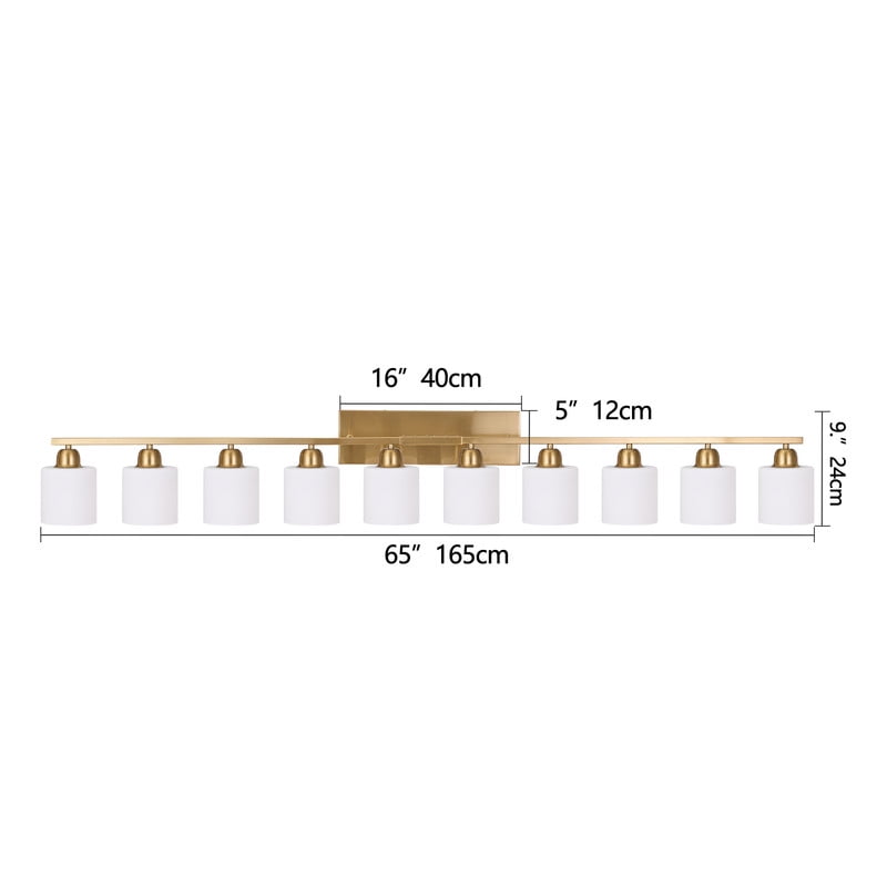65" Gold Modern Bathroom Vanity Light Fixture - 10-Light Wall Sconce with Milky White Glass Shades for Mirror, Bedroom & Living Room (Bulbs Not Included)