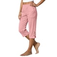 thumbnail image 2 of Domuza Capri Pants Women - Split Button down Elastic Waist Cotton Linen Capris Summer Casual Pedal Pushers pants with Pockets Pink L, 2 of 7