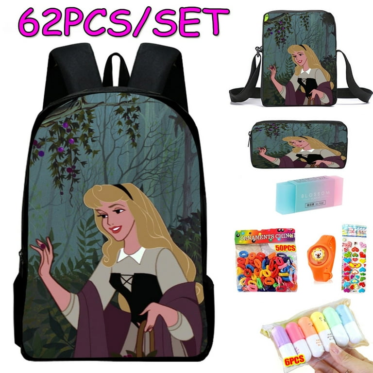 Sleeping Beauty Book Bag Fashion Print Cartoons Art Shoulder School Book Bag  with Pencil Case 62Pcs for Kids Adults Good Gift For Girls Boys 