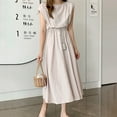 thumbnail image 4 of Ruyang Vintage Casual A Line Dresses Short Sleeves Loose O Neck Summer Cotton Linen Drawstring High Waisted Retro Dress Solid A Line Sundress for Women, 4 of 4
