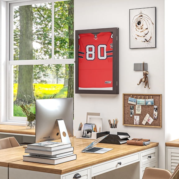 Jersey Display Case for Sports Memorabilia, 23.5x2.5x31.5 Inch Shadow Box with Acrylic Door, Brown MDF Frame