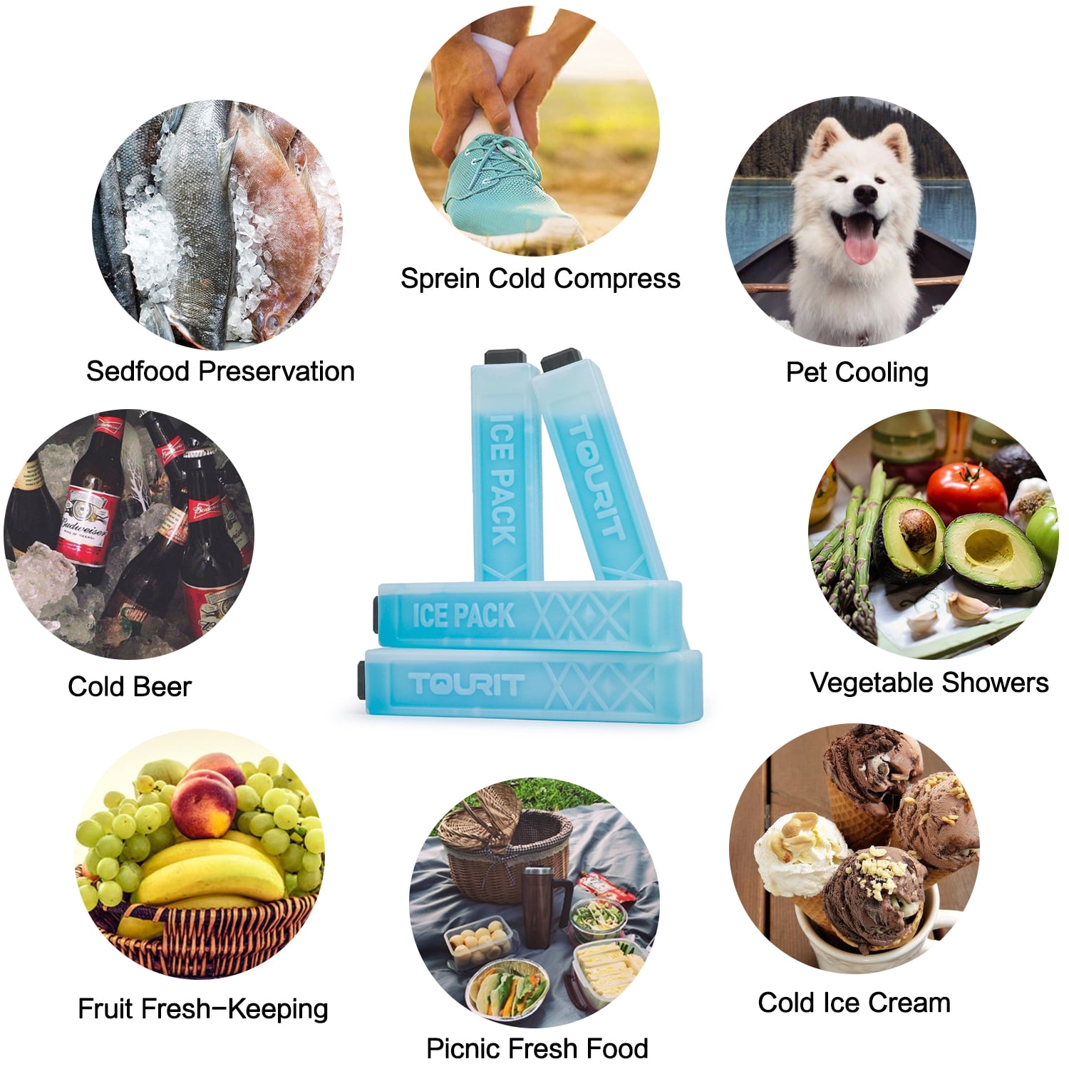 TOURIT 4 PCS Ice Packs for Coolers, Reusable Cold Freezer Packs for Lunch Bag/Box and Cooler Bag, Knee Injuries, Back Pain Relief, Picnic, Camping, Adults and Kids, Blue