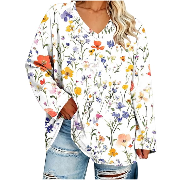 Nowekniz Plus Size Women V Neck Floral Printed Blouse, Oversized Long Sleeve Loose‑Fit Tunic Tops Trendy Dressy Casual