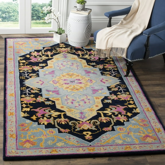 SAFAVIEH Bellagio Trevelyan Bordered Wool Area Rug, Navy Blue/Multi, 5' x 8'