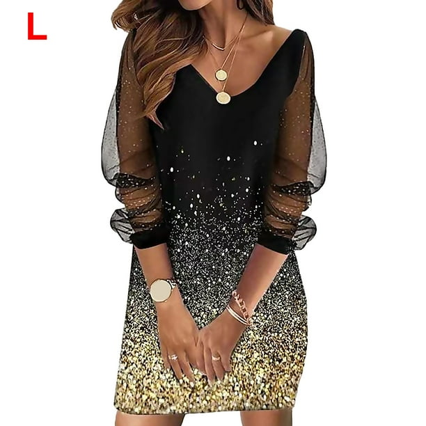 Minnieouse Vestido corto estampado para mujer cuello en V cena compromiso verano playa vacaciones elegante moda femenina accesorios de ropa Vestidos Oro L Minnieouse AP010368 11 Walmart en linea