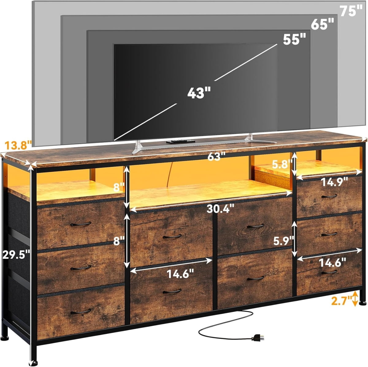 10 Drawer Dresser for Bedroom, 63.3 Inch TV Stand with LED & Power Outlets, Fabric Chest of Drawers for Closet, Living Room, Brown
