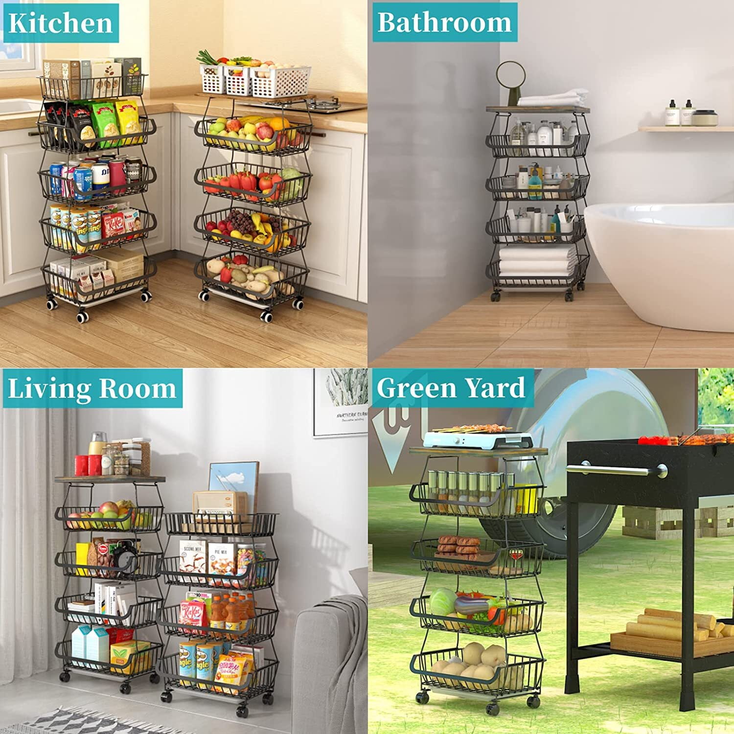 WERSEON 5 Tier Fruit Basket for Kitchen Organizers and Storage, Stackable Metal Wire Basket Stand Cart with Wheels for Fruit Vegetable