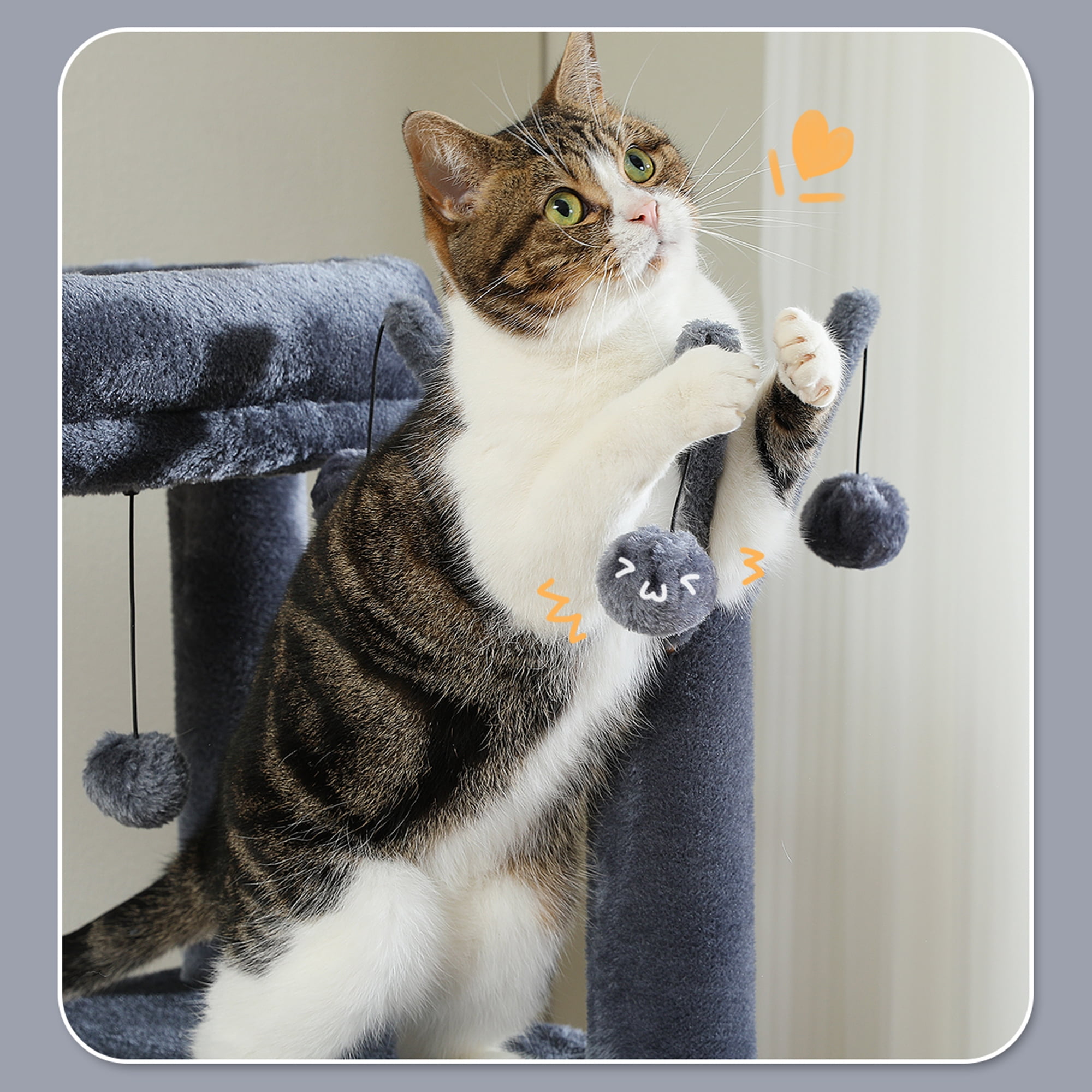 Kadyn 59" Cat Tree Tower for Indoor Cats, Multi-Level Cat Condo with 3 Removable Pompom Sticks, Cat Tree House with Hammock, Scratching Post, and 2 Perches, Dark Gray