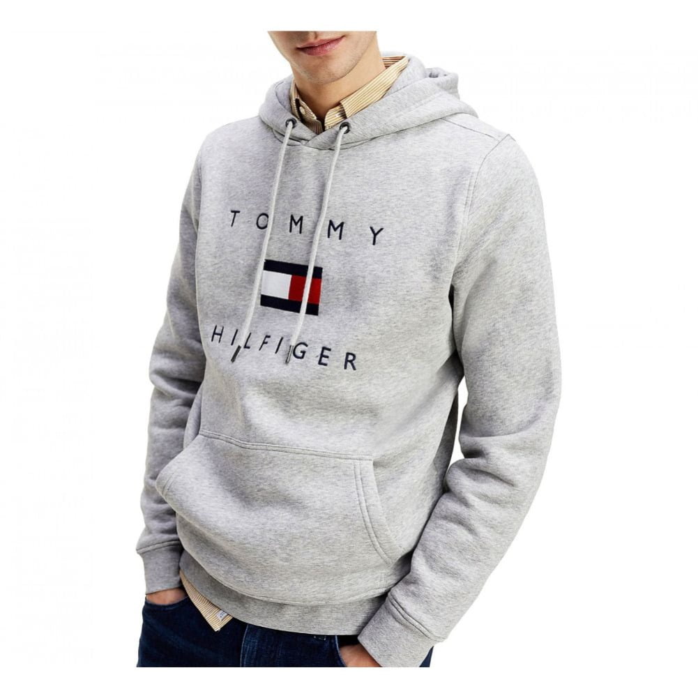 Tommy Hilfiger Men's Hoodie Long Sleeve Flag Log Pullover Hooded Sweatshirt, Black, L