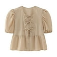 thumbnail image 1 of cfhntfmh Hauts d'Été pour Femmes Mode Col Rond Nœud devant Manches Courtes Bouffantes Chemises Babydoll Blouses Décontractées Amples, 1 of 4