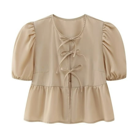 Womens Bow Tie Front Cute Babydoll Tops Puff Sleeve Summer Loose Peplum Ruffle Blouse Y2K Lace Up Going Out Shirts