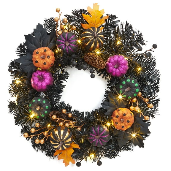 20" Halloween Wreath with Lights for Front Door, Prelit Pumpkin Wreaths with 20 Lights & Timer Black Branch Maple Leaves, Prelit Halloween Decorations for Indoor Wall Window Decor