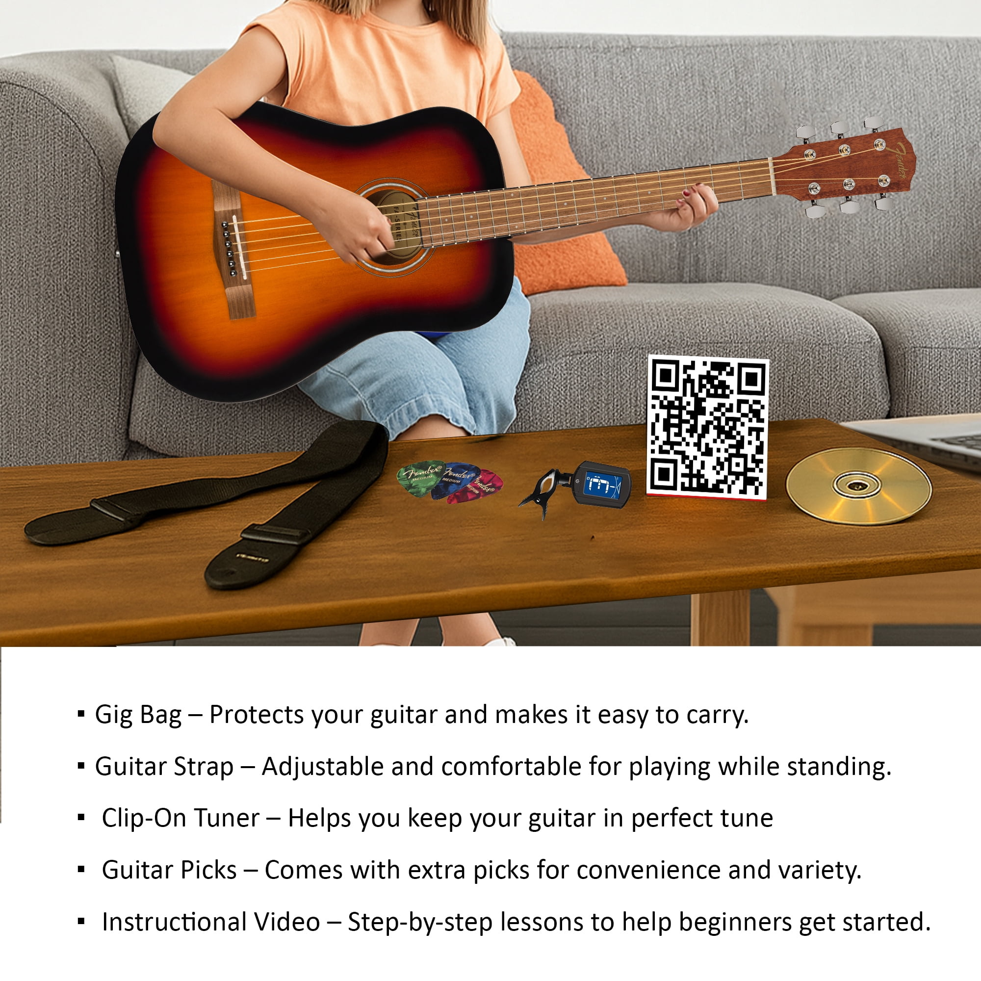 Fender FA-15 3/4-Scale Kids Steel String Acoustic Guitar - Sunburst w/ Gig Bag