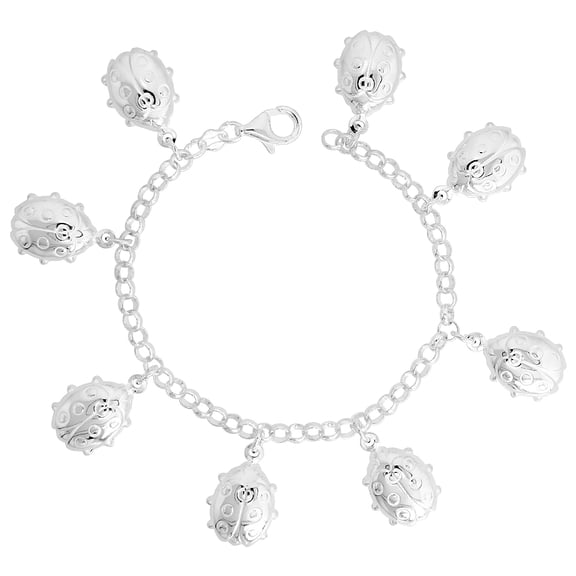 925 Sterling Silver Solid italian Dangling Puffy Ladybug Charm Bracelet 22mm