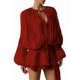 thumbnail image 3 of Elegant Ruffle Short Dress for Women Pleated Lantern Long Sleeve Lace Up Tie Waist Bohemian Beach Dresses Wine Red M, 3 of 8