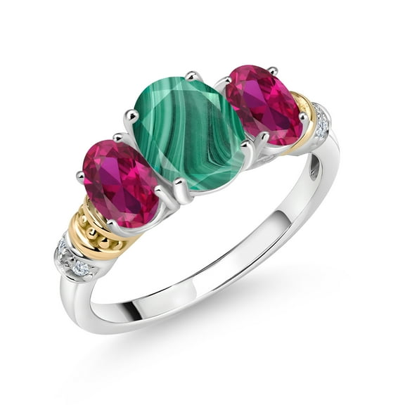 Gem Stone King 925 Sterling Silver and 10K Yellow Gold Oval Green Malachite Red Created Ruby and White Diamond 3 Stone Ring for Women (3.03 Cttw, Gemstone Birthstone, Size 7)