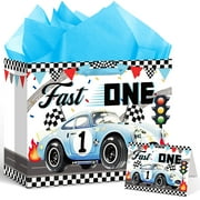 Innovoscape Fast One PriNst 1st Birthday Gift Bag for Baby Boys Large Race Car Happy 1st First Birthday Gift Bag with Wrapping Paper Card for Race Car One Year Old Bday Decorations Party Supplies