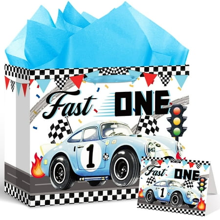 Innovoscape Fast One PriNst 1st Birthday Gift Bag for Baby Boys Large Race Car Happy 1st First Birthday Gift Bag with Wrapping Paper Card for Race Car One Year Old Bday Decorations Party Supplies