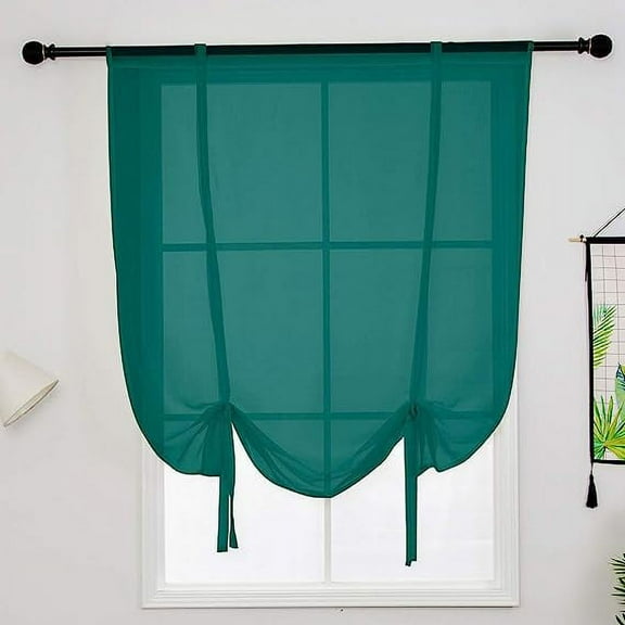 XmhyTop Solid Color Sheer Voile Window Curtains Light Filtering Tie Up Shade Adjustable Balloon Drapes Treatment for Small Window,1 Panel ,39" x 47",Dark Green