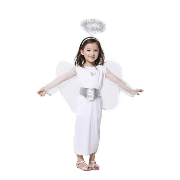 Byoo Big Girls Angel Dress Outfits White Solid Full Sleeved Party Show Poodle Dress Hairband Wing Belt 4pc Set Soft Clothes Set