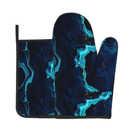 

Zeuib Blue Marble And Gold Print Oven Mitt & Pot Holder Set 2-Pack Kitchen Gloves and Hot Pads for Cooking BBQ Grilling Baking