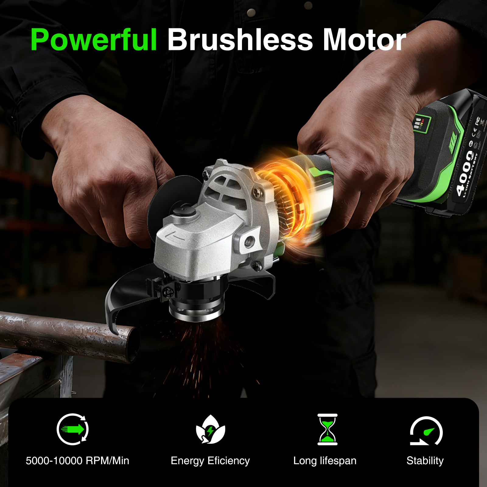 TaskStar 21V Cordless Angle Grinder, 2x4.0Ah Battery &  Charger, 10000RPM Brushless Motor, Power Angle Grinder with Cutting & Grinding Wheels, Flap Discs for Wood Metal & Rust Removal