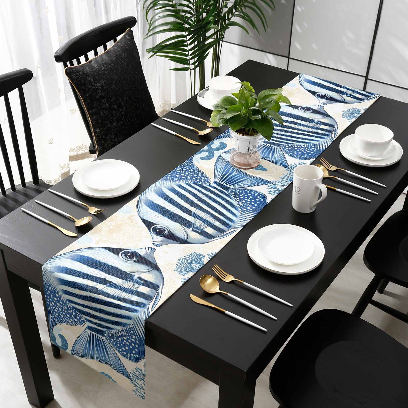 Blue Yellow Ocean Table Runner Cotton Linen 60 Inch Holiday Dresser Scarves, Summer Coastal Stripe Fish Coral Tablerunner for Kitchen Coffee Dining Bedroom Living Room Dinner Scarf Décor 13''x60''