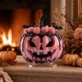 thumbnail image 2 of SLYNSHome Pink Pumpkin Lantern Tabletop Ornament With Roses Bat Accents, Glossy Pumpkin Statue For Mantel Shelf Indoor Halloween Farmhouse Harvest Spooky Table Home Decor, 2 of 5