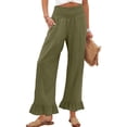 thumbnail image 2 of Wide Leg Linen Pants for Women High Waisted Ruffle Hem Palazzo Pants Boho Summer Casual Loose Flowy Pant Trousers Army Green 2XL, 2 of 7