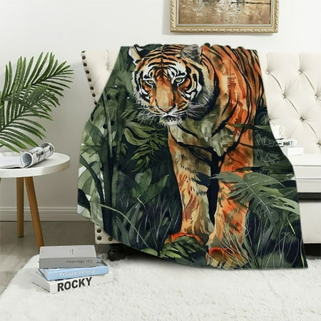 Autua Tiger Jungle Leaves Warm Lightweight Fleece Blanket Soft Plush Blanket for All Seasons Throw Blanket Living Rooms Sofa Decor Cow Gifts Blanket 60x80in