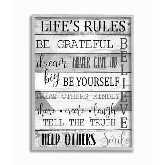 Stupell Industries Life's Rules Phrases on Wood Grain Black White Word Design Framed Wall Art Design by Kim Allen, 16" x 20", Gray Framed
