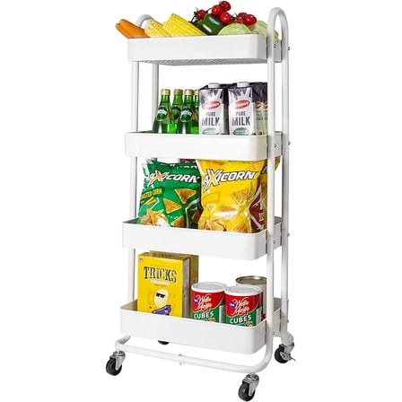 4-Tier Metal Mesh Utility Rolling Cart, Storage Organizer Trolley Services Cart with Lockable Wheels for Kitchen, Bathroom, Living Room (White)