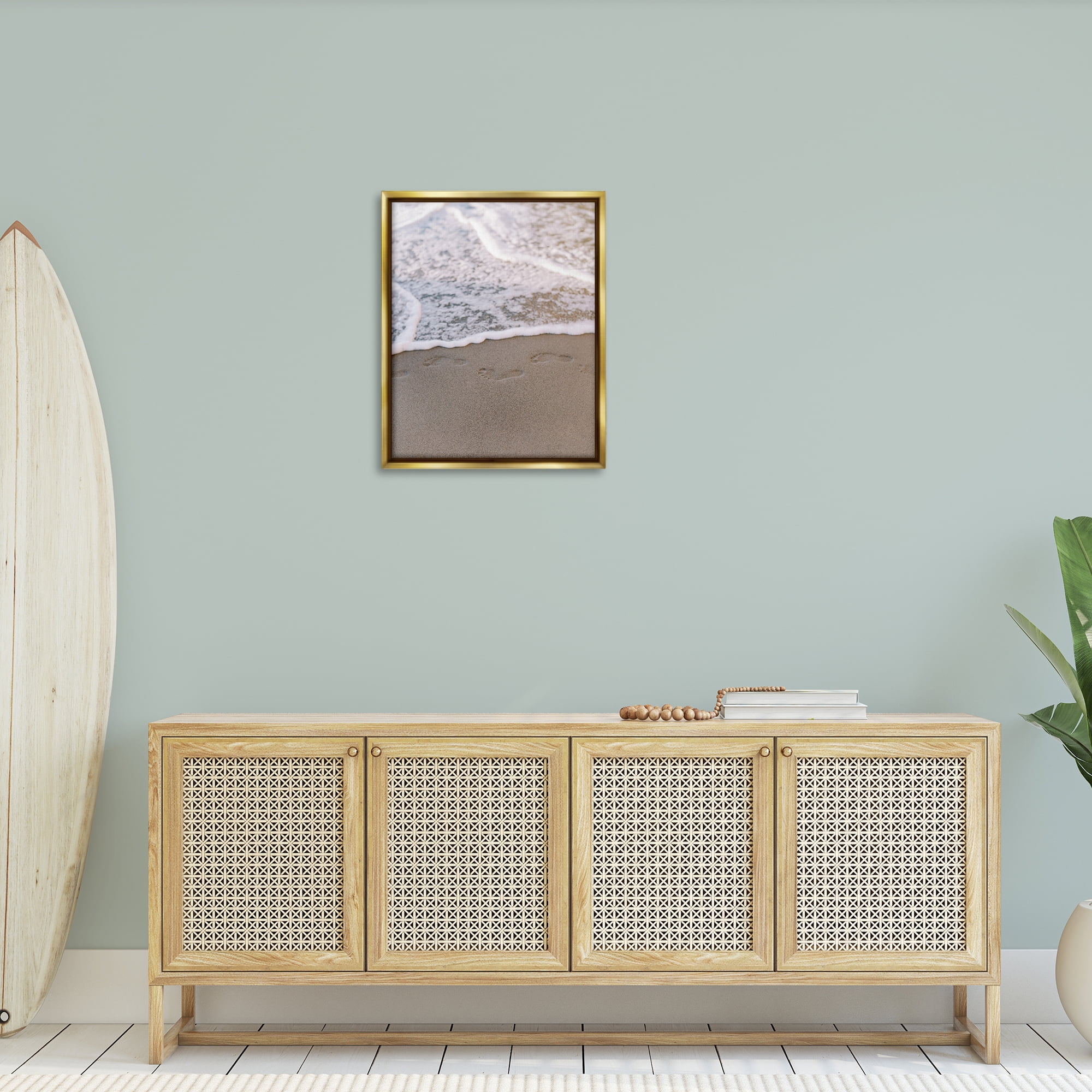 Stupell Industries Ocean's Edge Footprints Coastal Photography Gold Floater Framed Canvas Art Print Wall Art, 25 x 31