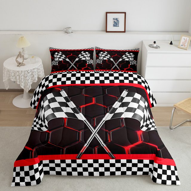 Erosebridal Checkered Flag Bedding Twin Comforter Set, Red Geometry Down Comforter, Extreme Sports Decor, Reversible 2-Piece