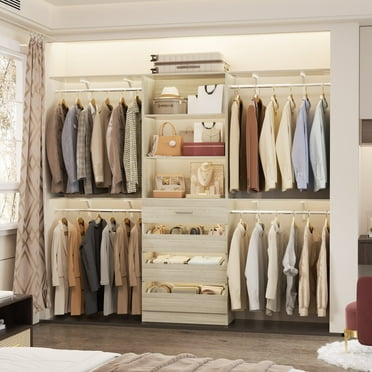 Aheaplus Closet System with 4 Drawers, 8FT Wood Closet Organizer System, 96’’ Closet Built In System Tower with Shelves, Walk-in Closet Wardrobe Clothes Garment Rack, Fits Spaces 4-9 ft, White Oak