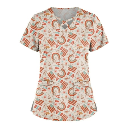 

Gotyou Women s Tops Plus Size Cute Printed Scrub Working Uniform Tops for Women Cross V-Neck Short Sleeve Fun T-Shirts Workwear Tee with Pockets Orange XXXL