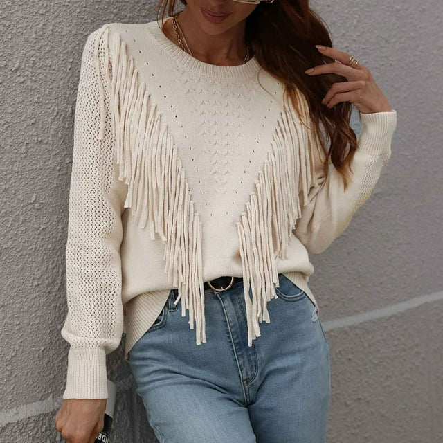 Jusqu'à 50 % de Réduction! Aqestyerly Cardigans Tricotés pour Femmes Mode Féminine Manches Longues Col Rond à Franges Hauts Amples Couleur Unie Blouse Tricot