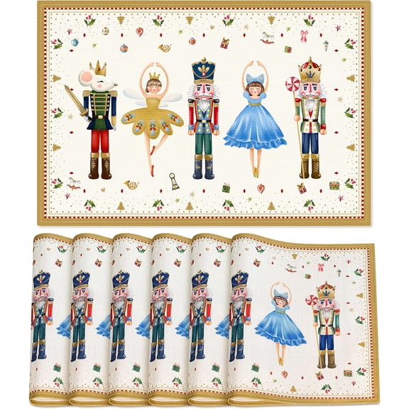 Christmas Placemats Set of 6, Christmas Nutcracker Table Mats Kitchen Mat for Dining Table, Washable Linen Nutcracker Dining Place Mat Table Decoration for Holiday Decor, 12 x 18inch(Christmas-02)