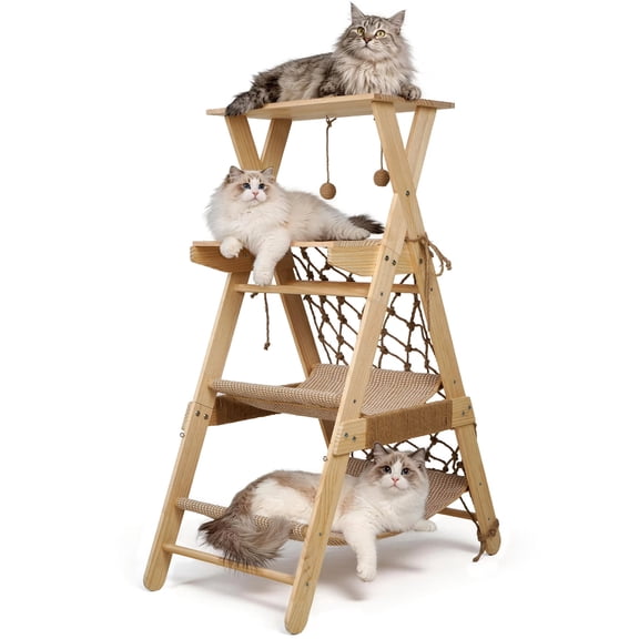 AIWFL Cat Tree Tower for Large Cats, 43.3" Multi-Level Wooden Cat Hammock & Sisal Scratching Posts Cat Condo, Outdoor Indoor Activity Center