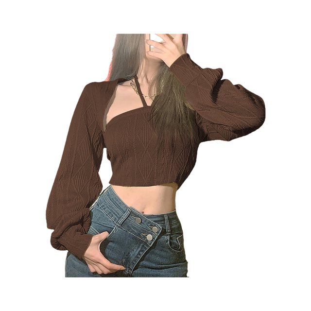TRKIYQC Y2K Conjuntos de dos piezas Suéter Mujer Otoño Halter Sin mangas Punto Crop Tops + Manga larga Bolero Shrug Prendas de abrigo Prendas de punto TRKIYQC perder