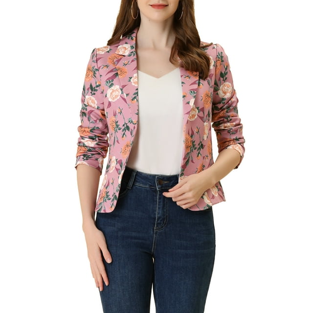 INSPIRE CHIC Women's Fitted Blazer Notch Lapel Printed Open Front Work Suit Jacket L Rose-Floral