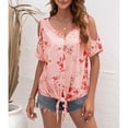 thumbnail image 4 of Camiseta con cuello en V y hombros descubiertos, dobladillo informal con estampado de nudo, Tops frontales con botones para mujer, 4 of 8