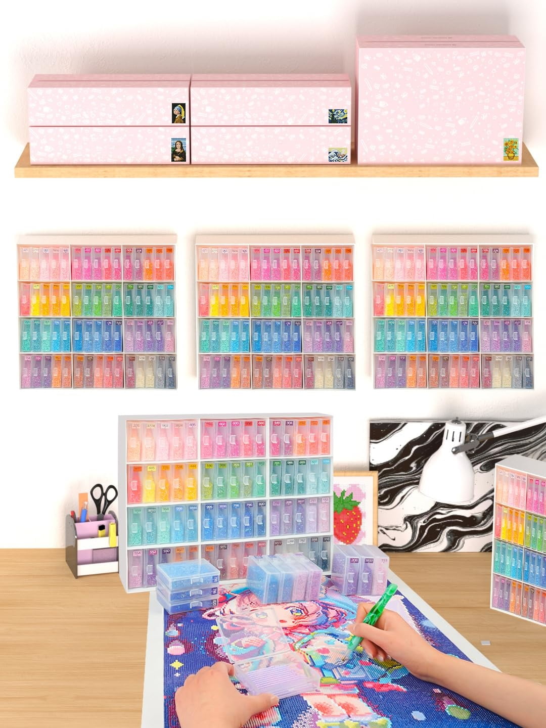 60pcs Diamond Art Storage Containers Trays ＆ Stand, Diamond Painting Accessories Diamond Painting Trays with Lids, 2-in-1 Diamond Art Trays and Diamond Painting Storage, Tools Storage Rack