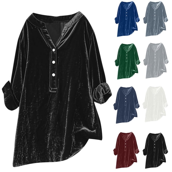 Blusas para mujer,Blusa tipo túnica de terciopelo con cuello en V para mujer, manga larga, botones delanteros, corte holgado, poliéster suave, ropa informal, sopatenor