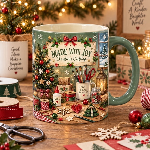Accent Mug Made With Joy Christmas Crafting Scene Coffee Cup for DIY Lovers